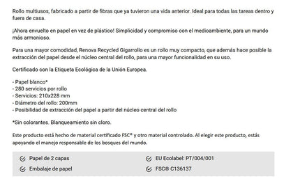 Renova Rollos de Cocina Recycled Gigarollo Ecológico | 1 Gigarrollo Equivalente a 10 Rollos de Cocina | Papel Reciclado & Certificado Ecolabel