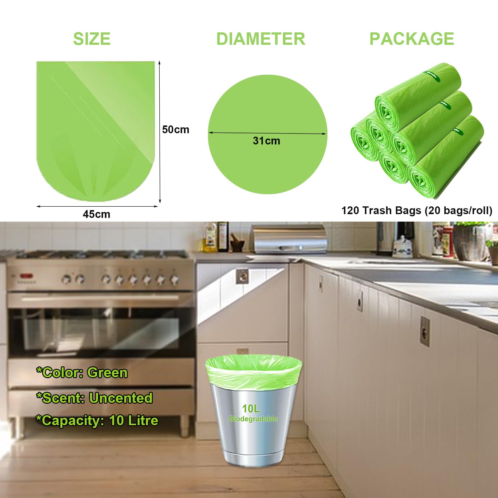 120 Compostable Organic Garbage Bags 10L KITBEST