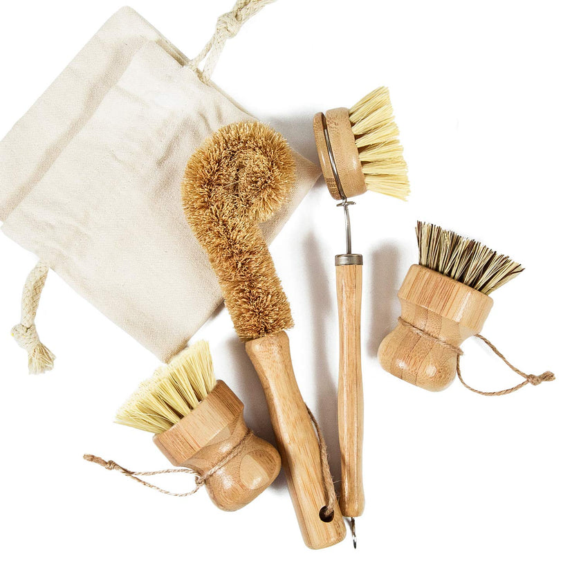 Bamboo Dish Brush with Handle | Set of 4 Brushes