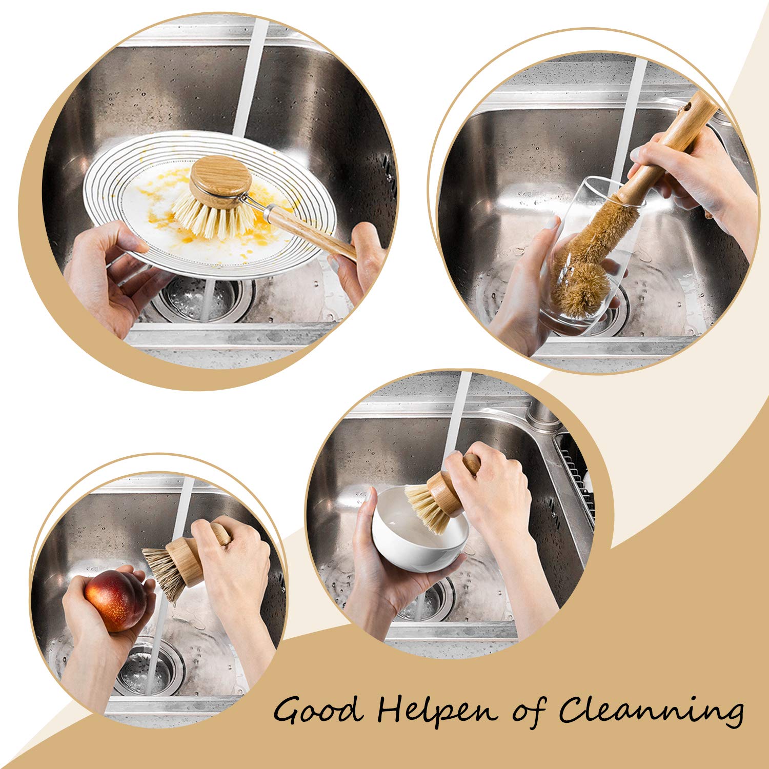 Bamboo Dish Brush with Handle | Set of 4 Brushes