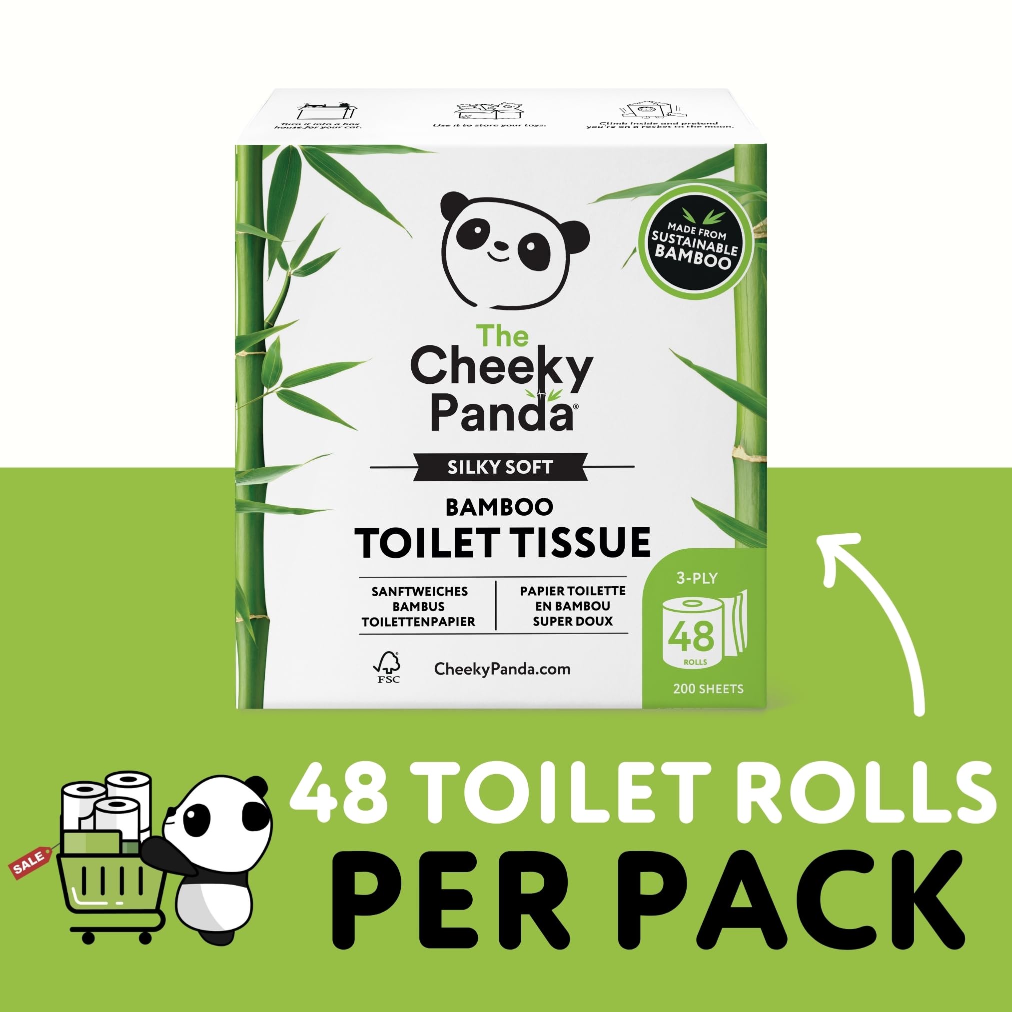 The Cheeky Panda Papel Higiénico de Bambú | 48 Rollos x 200 Hojas | 3 Capas 100% Bambú Biodegradable Sin Plástico | Paquete a Granel