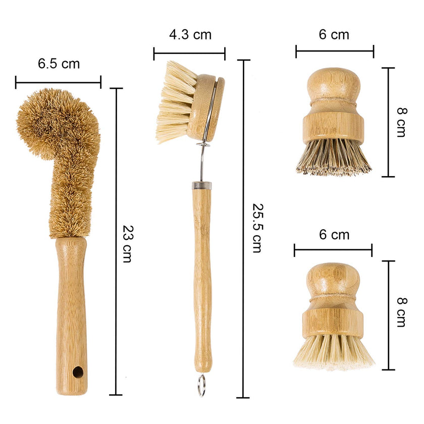 Bamboo Dish Brush with Handle | Set of 4 Brushes