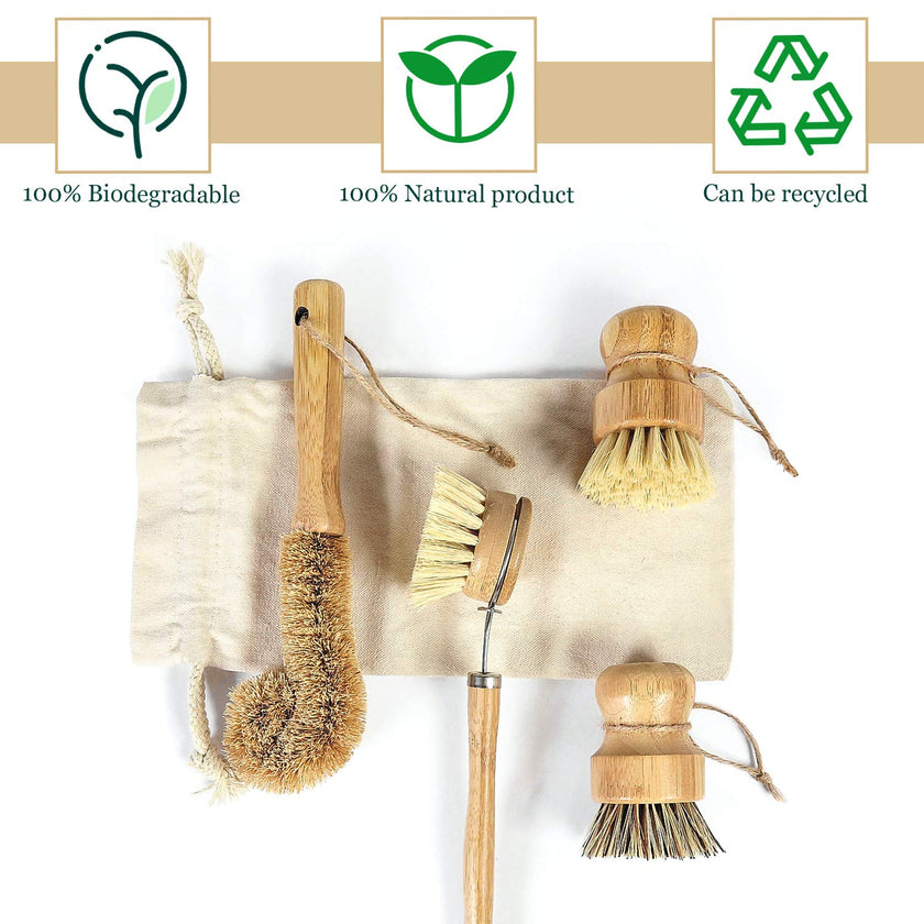 Bamboo Dish Brush with Handle | Set of 4 Brushes