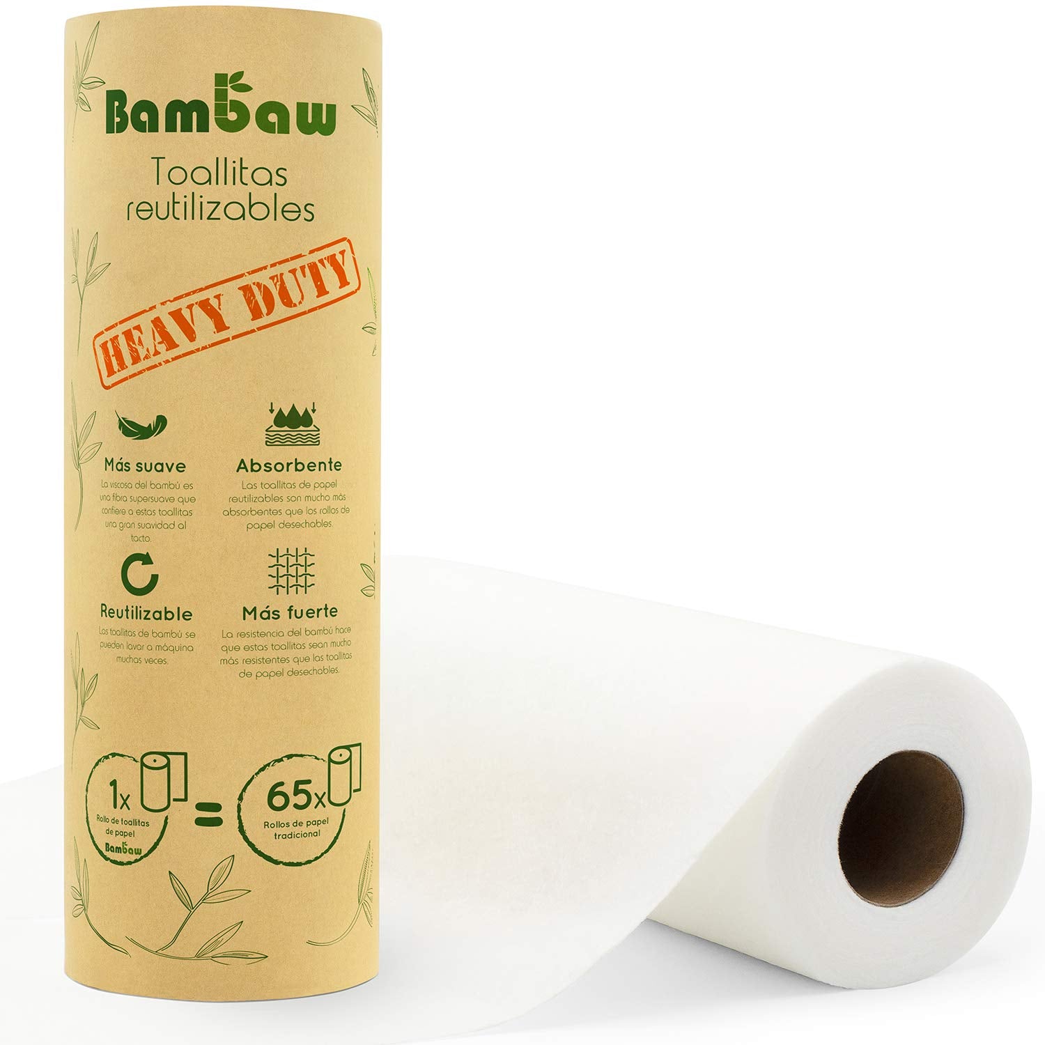 Paños reutilizables | Rollo de cocina ecológico | Multiusos | Resistente y absorbente | Bayetas ecológicas | Secado rápido y antibacteriano | 20 Hojas | Bambaw