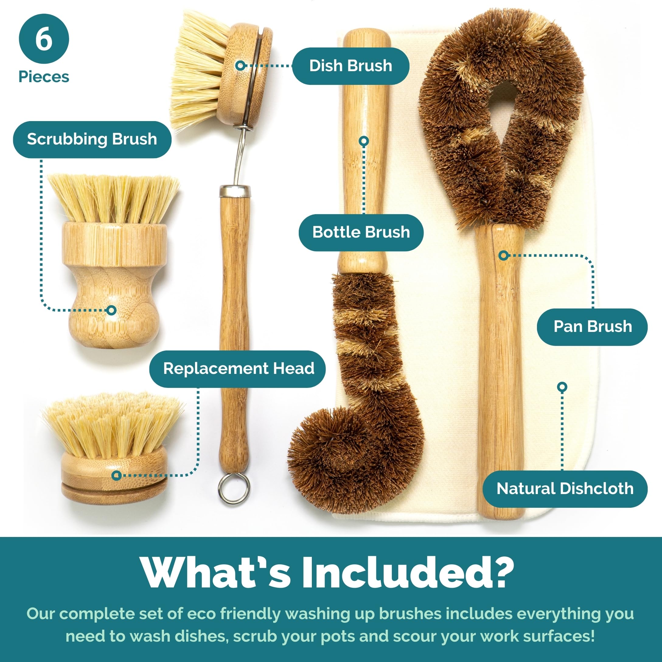6 Natural Bamboo Brushes for Kitchen Cleaning