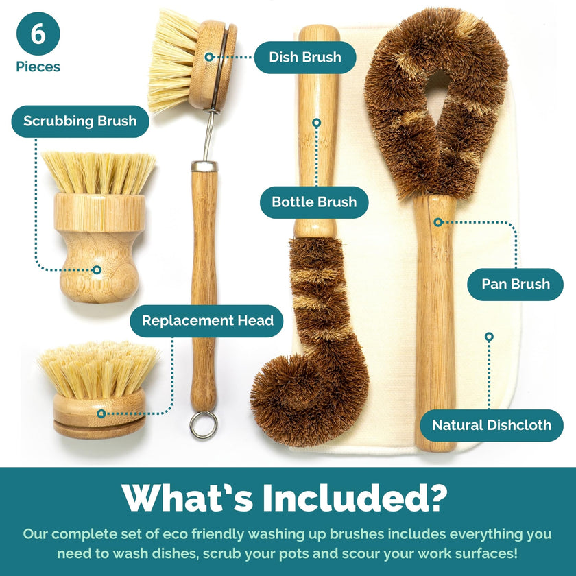 6 Natural Bamboo Brushes for Kitchen Cleaning