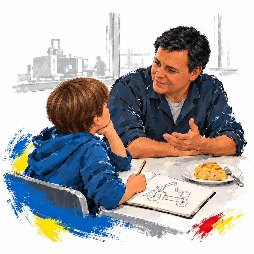 Kemanto de niño con su padre compartiendo un almuerzo de tortilla de gambas junto a un cuaderno de dibujos, con una fábrica al fondo