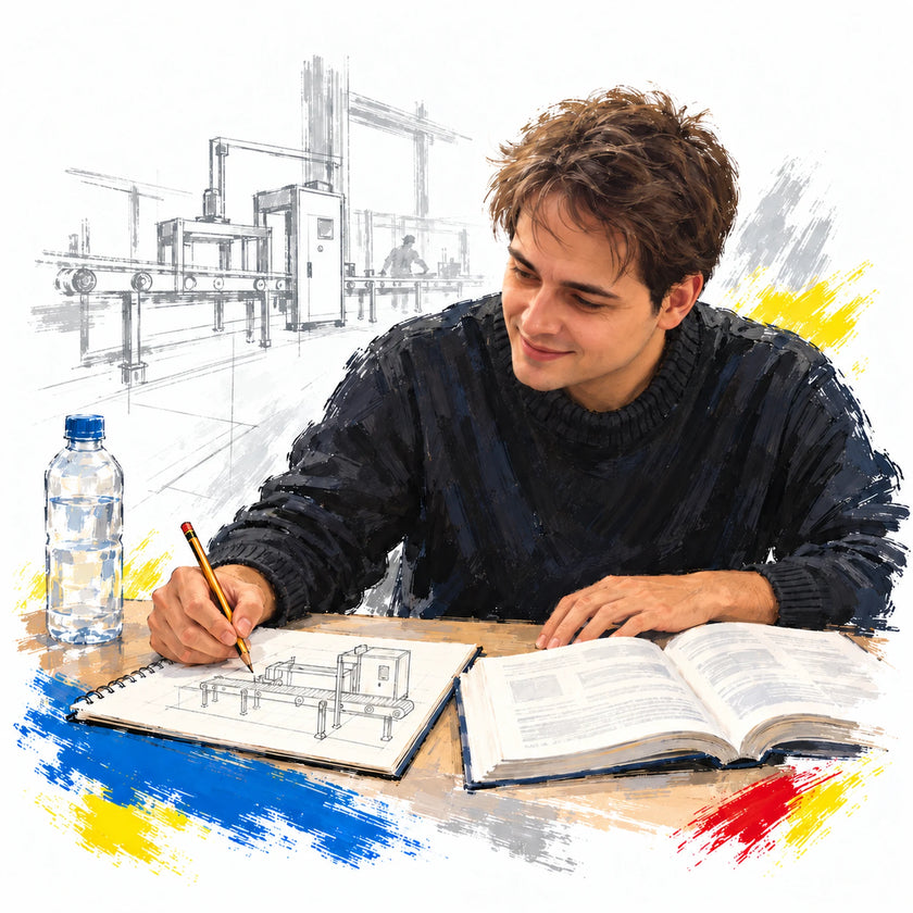 Recreación ilustrada de KEMANTO en su etapa universitaria, estudiando y dibujando un esquema de maquinaria