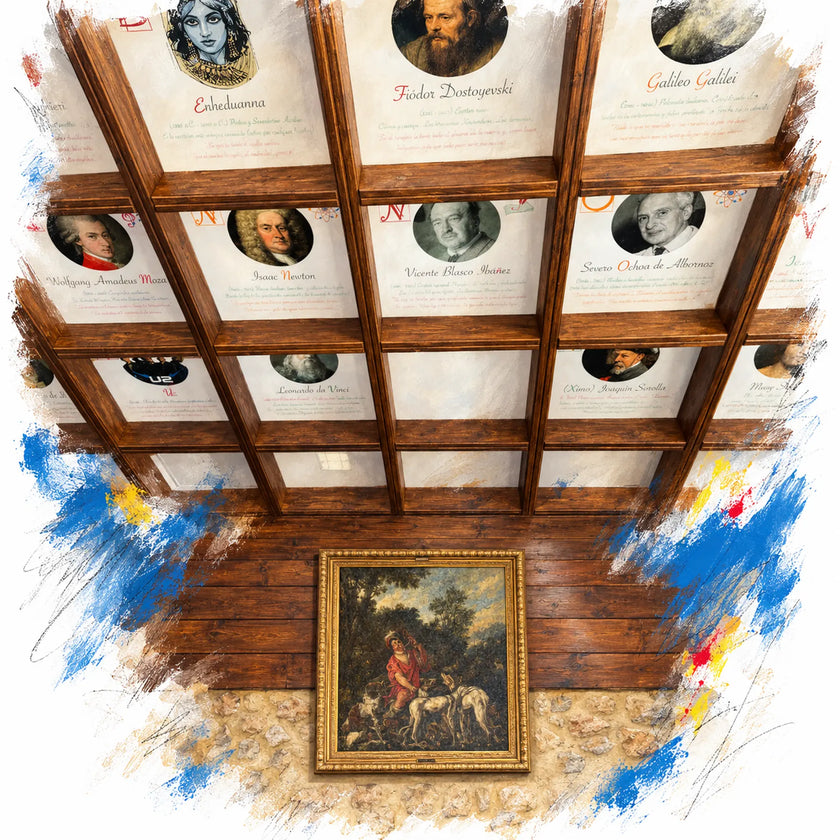 Composición ilustrada de la biblioteca de Casa Togui, con su techo de madera dedicado a figuras de la ciencia, la literatura y el arte
