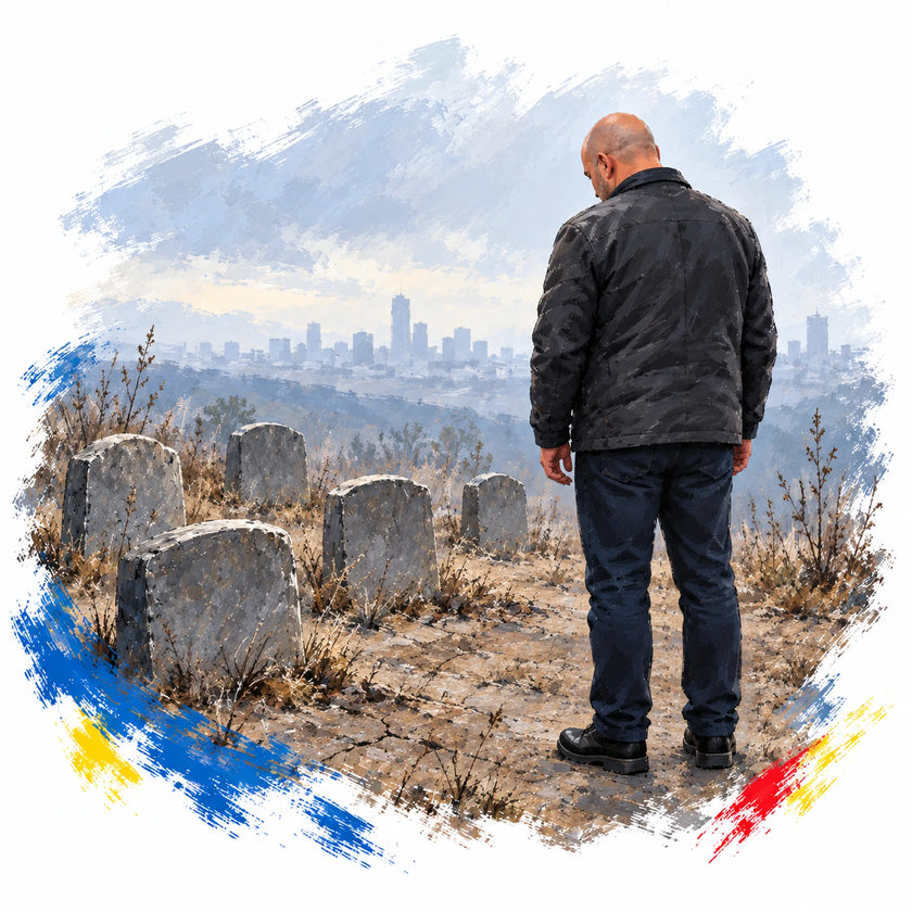 Ilustración de la pesadilla de Kemanto: de espaldas ante unas tumbas, en un paisaje deteriorado