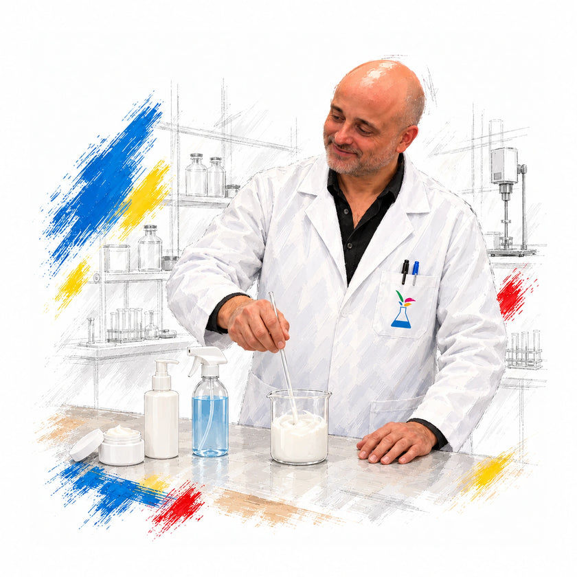 Ilustración de KEMANTO con bata de La Corberana, preparando una formulación en un laboratorio de cosmética y limpieza