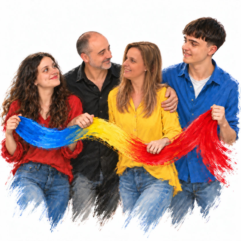 KEMANTO junto a Nuria, Bea y Nacho, compartiendo una pincelada azul, amarilla y roja