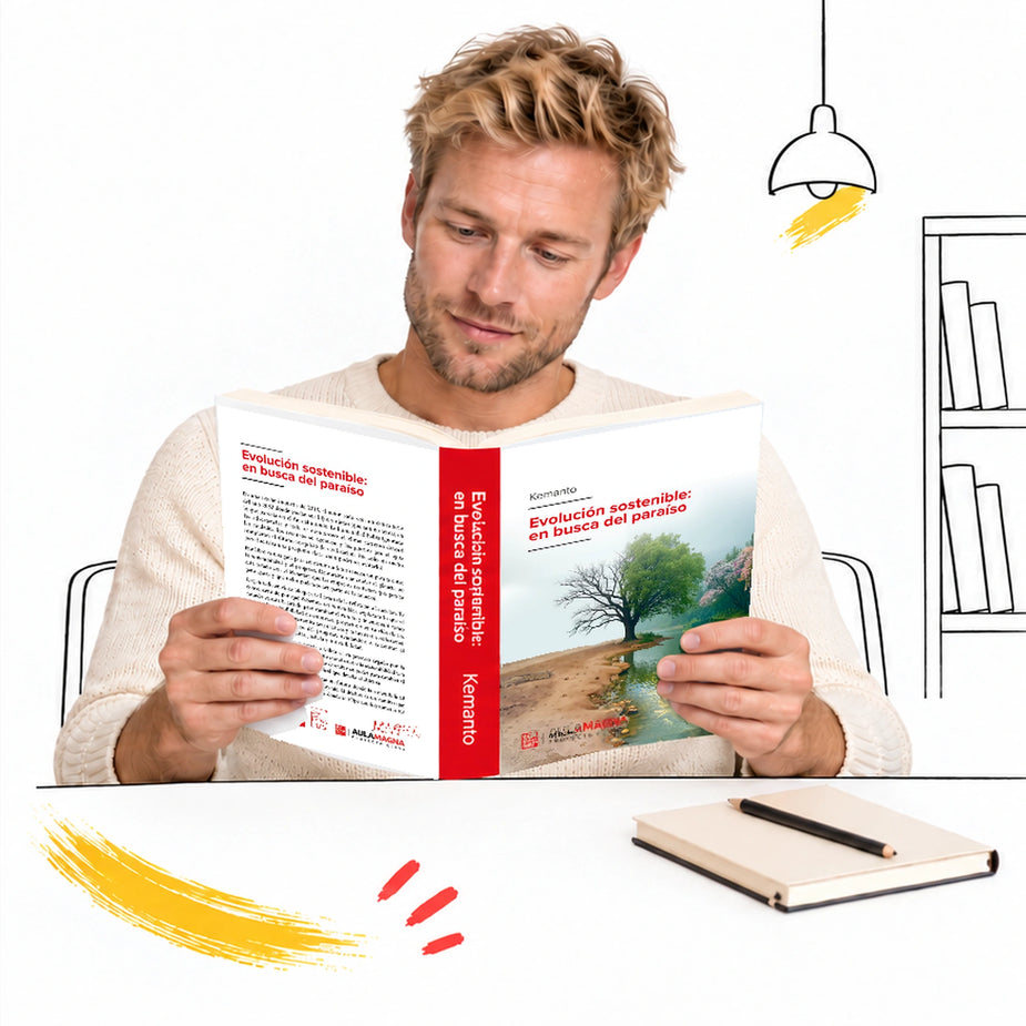 Chico rubio leyendo el libro: "Evolución sostenible: en busca del paraíso"