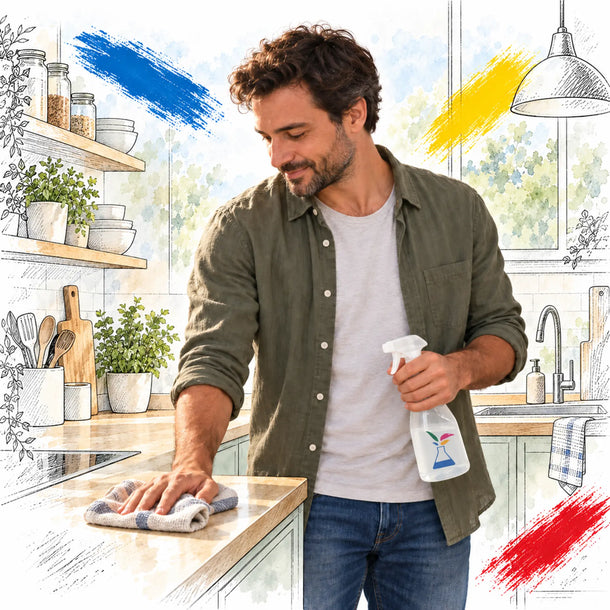 Un hombre limpia una encimera con un producto de La Corberana en una cocina que pasa del color al dibujo