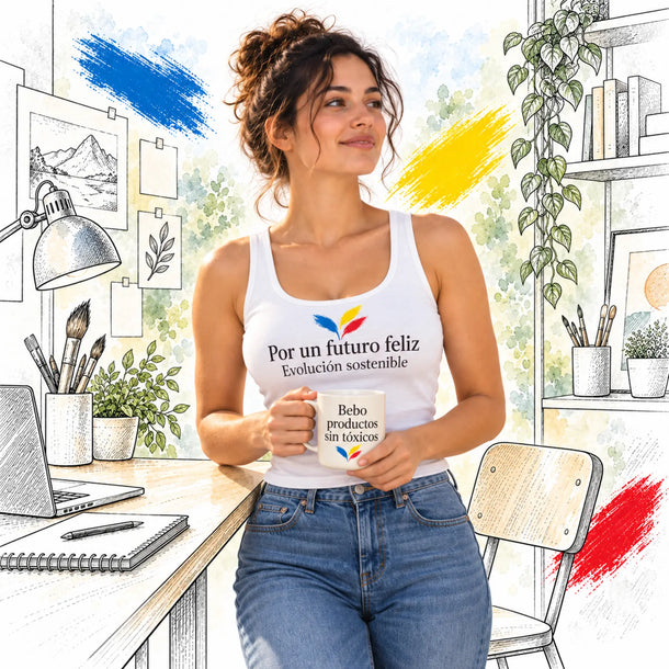 Una mujer viste una camiseta con un mensaje sobre Evolución Sostenible y sostiene una taza