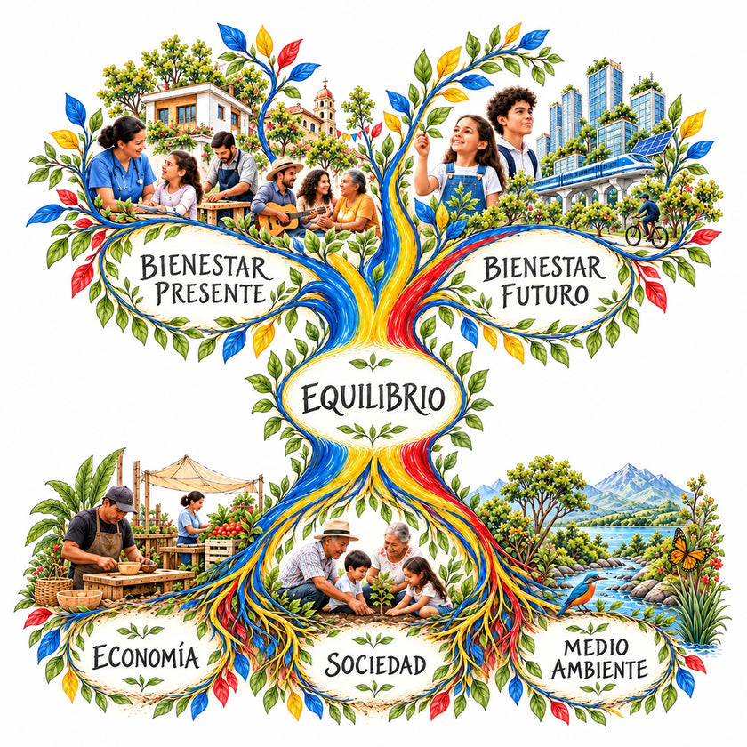 Árbol de la Evolución Sostenible: economía, sociedad y medio ambiente se unen en equilibrio para dar lugar al bienestar presente y futuro