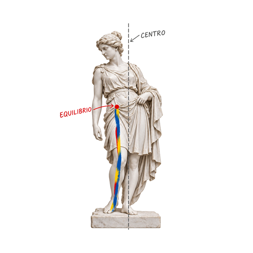 Escultura clásica con el punto de equilibrio desplazado respecto al centro geométrico y una pincelada de color que desciende hasta el pie de apoyo