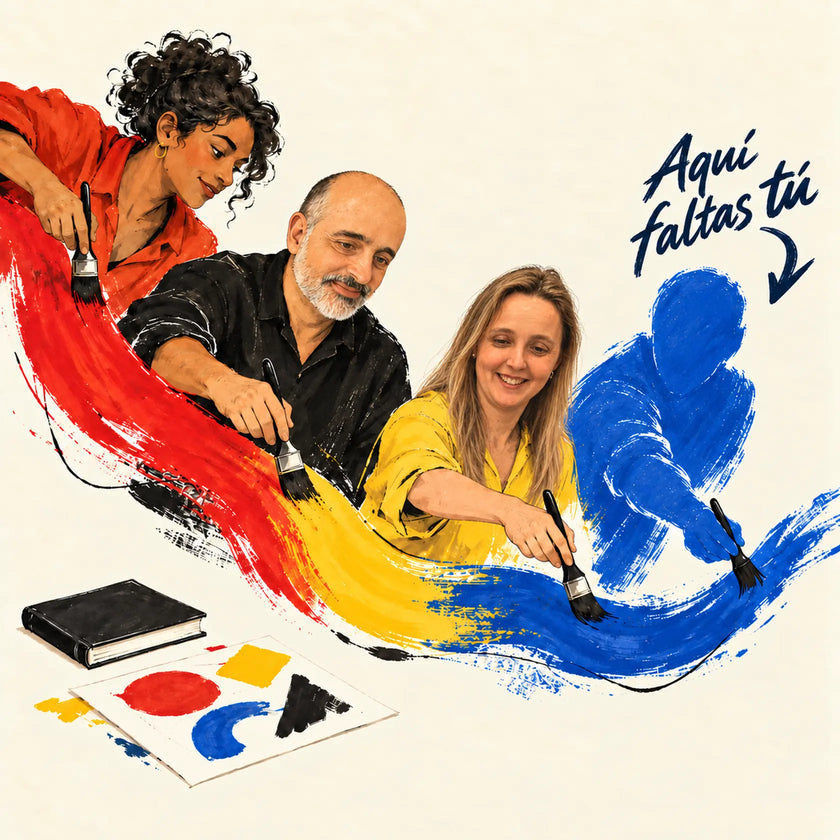 Ilustración de Kike y Nuria pintando junto a una silueta azul señalada con el mensaje «Aquí faltas tú».