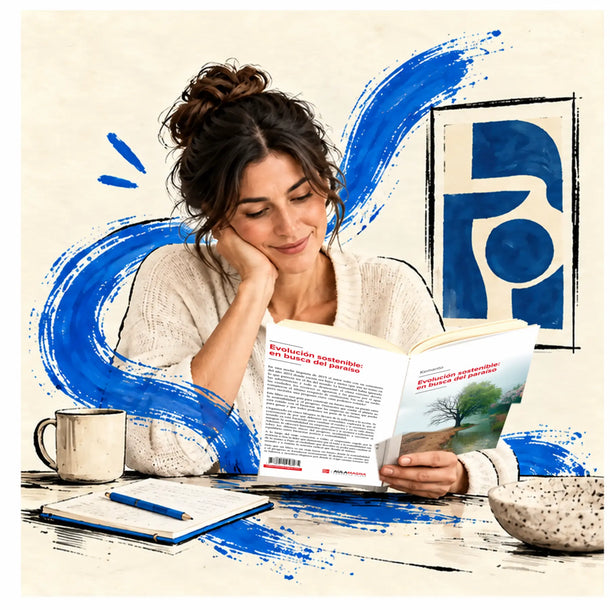 Mujer aprendiendo Evolución sostenible con el libro de Kemanto