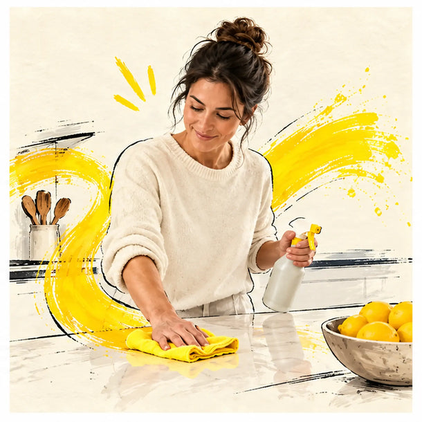 Mujer limpiando con productos sostenibles de Kemanto