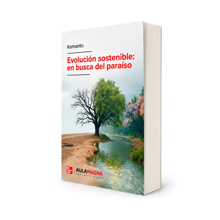Libro Evolución sostenible: en busca del paraíso, de Kemanto, presentado sobre un fondo transparente.