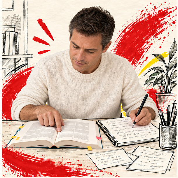 Hombre estudiando el libro Evolución sostenible: en busca del paraíso; tomando notas en un cuaderno, rodeado de ilustraciones y pinceladas rojas.