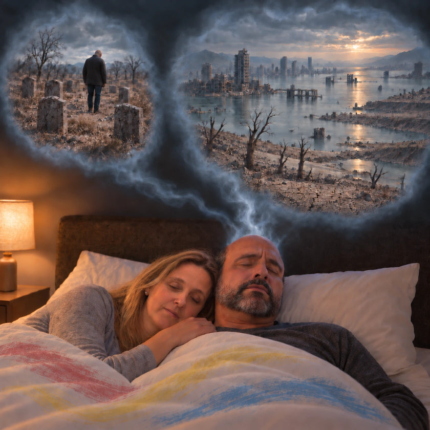 Representación de la pesadilla de KEMANTO: duerme junto a Nuria y sueña con tumbas y un futuro devastado.